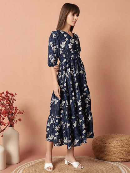 Women's Floral Printed Smocked Waist Tiered Midi Dress with V-Neck