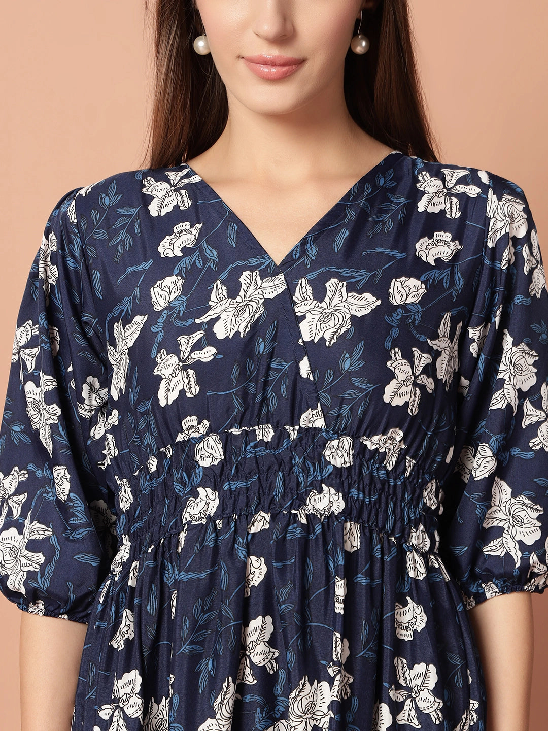 Women's Floral Printed Smocked Waist Tiered Midi Dress with V-Neck