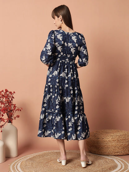 Women's Floral Printed Smocked Waist Tiered Midi Dress with V-Neck