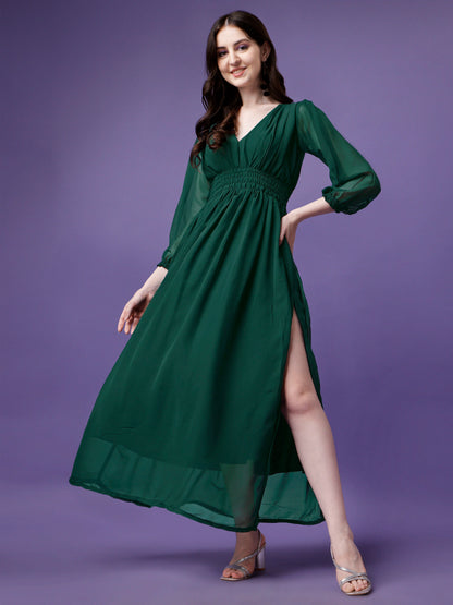 Women's Solid V-Neck Maxi Dress with Smocked Waist & Long Sleeves