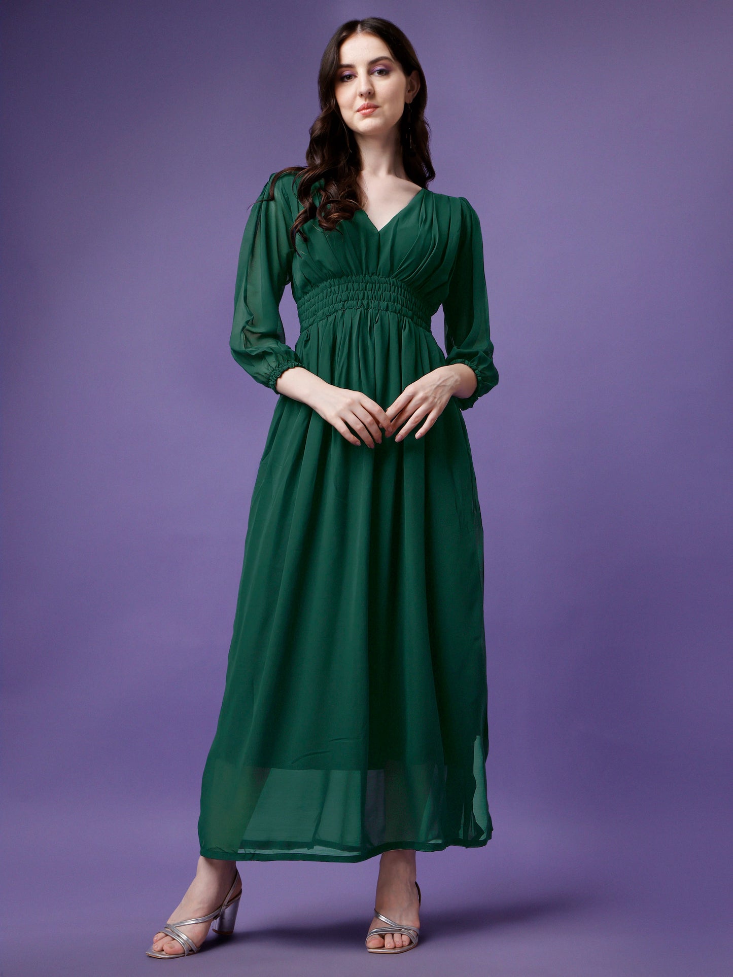 Women's Solid V-Neck Maxi Dress with Smocked Waist & Long Sleeves
