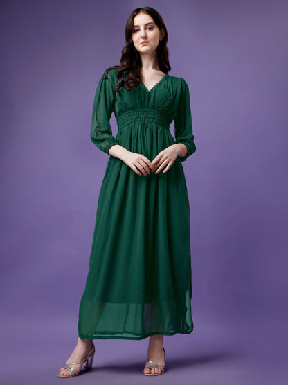 Women's Solid V-Neck Maxi Dress with Smocked Waist & Long Sleeves