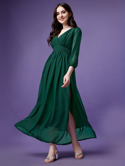 Women's Solid V-Neck Maxi Dress with Smocked Waist & Long Sleeves