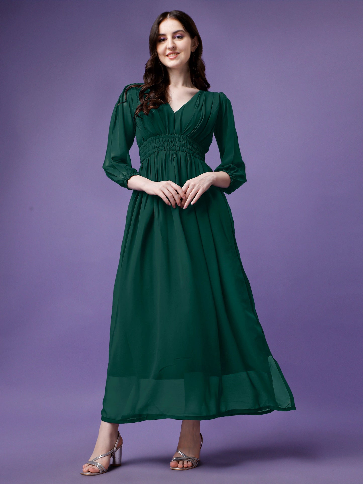 Women's Solid V-Neck Maxi Dress with Smocked Waist & Long Sleeves