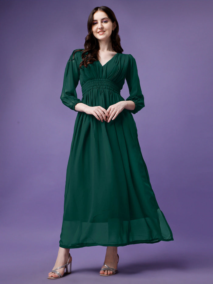 Women's Solid V-Neck Maxi Dress with Smocked Waist & Long Sleeves