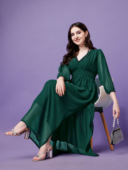 Women's Solid V-Neck Maxi Dress with Smocked Waist & Long Sleeves