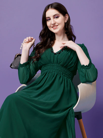 Women's Solid V-Neck Maxi Dress with Smocked Waist & Long Sleeves