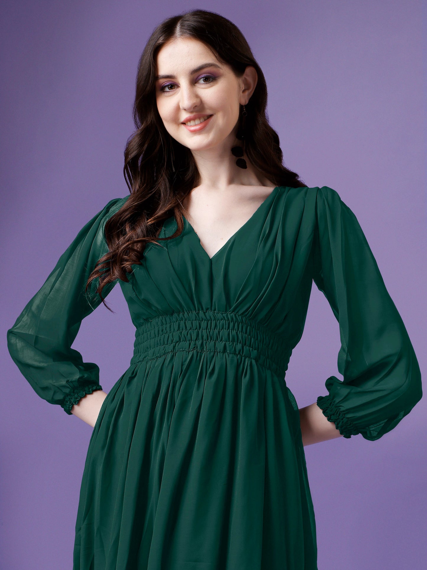 Women's Solid V-Neck Maxi Dress with Smocked Waist & Long Sleeves