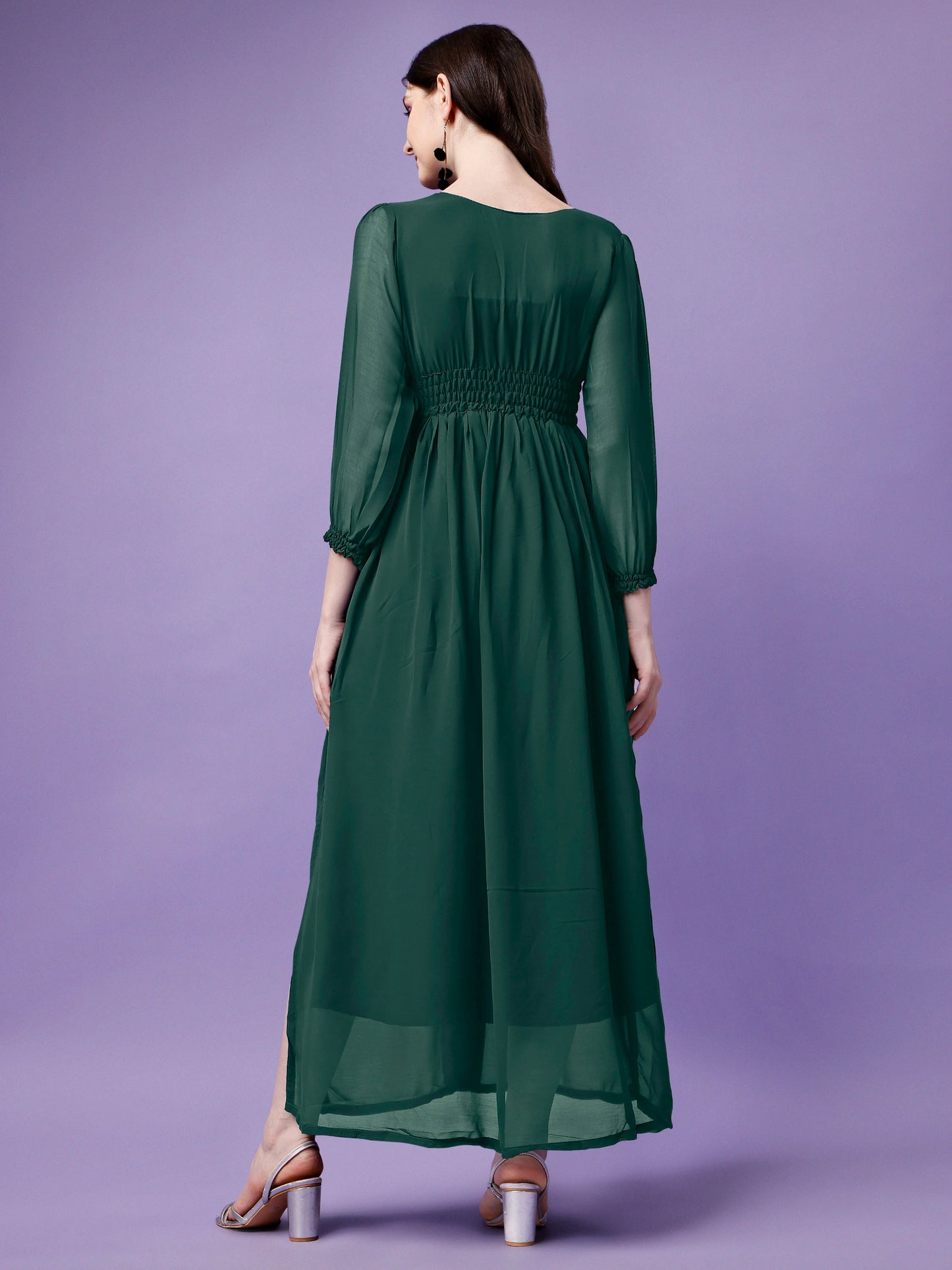 Women's Solid V-Neck Maxi Dress with Smocked Waist & Long Sleeves