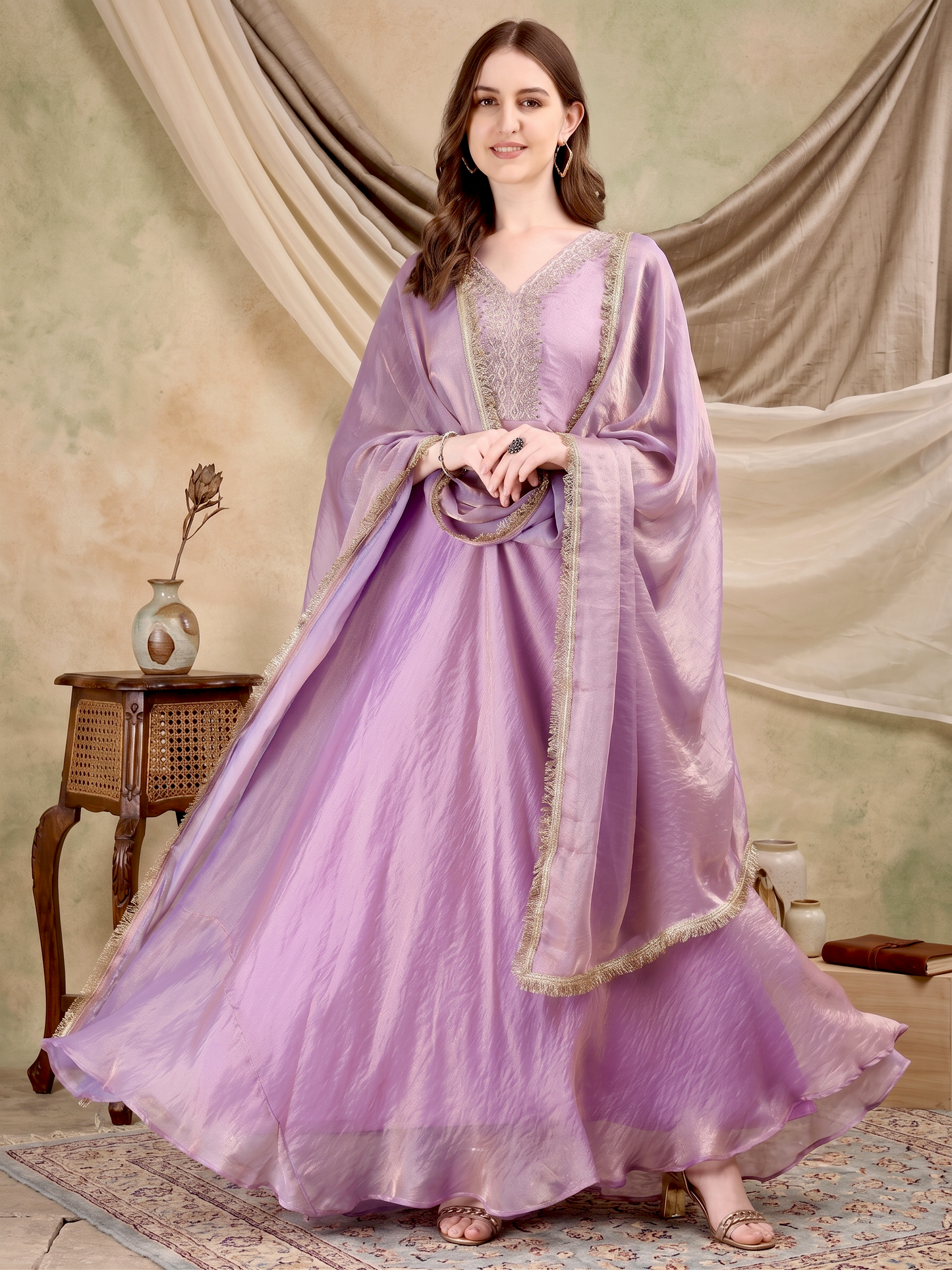Lavender Embroidered Anarkali Gown with Dupatta