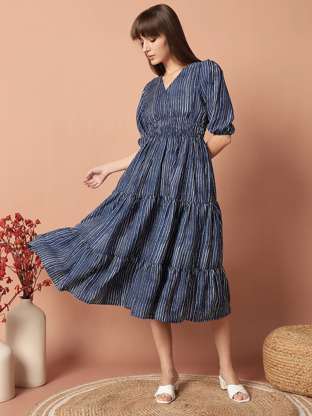 Women's Striped Smocked Waist Tiered Midi Dress with Puff Sleeves