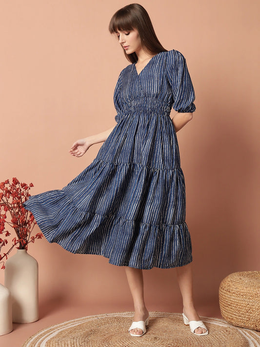 Women's Striped Smocked Waist Tiered Midi Dress with Puff Sleeves