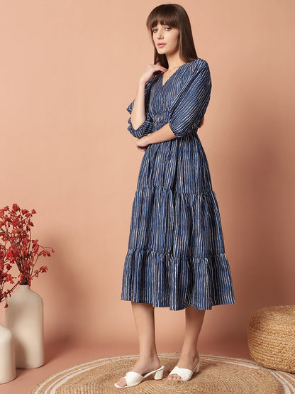 Women's Striped Smocked Waist Tiered Midi Dress with Puff Sleeves