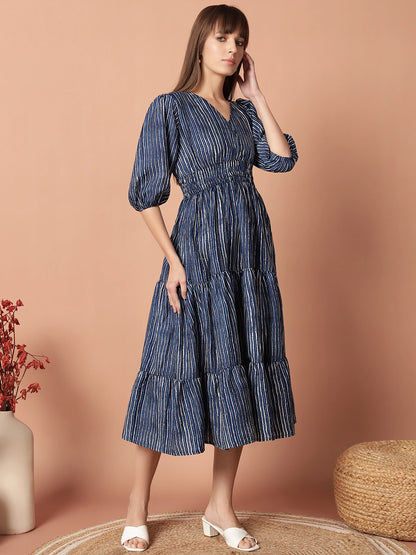 Women's Striped Smocked Waist Tiered Midi Dress with Puff Sleeves
