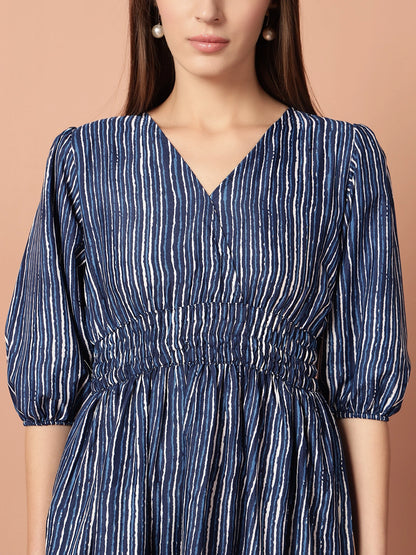 Women's Striped Smocked Waist Tiered Midi Dress with Puff Sleeves