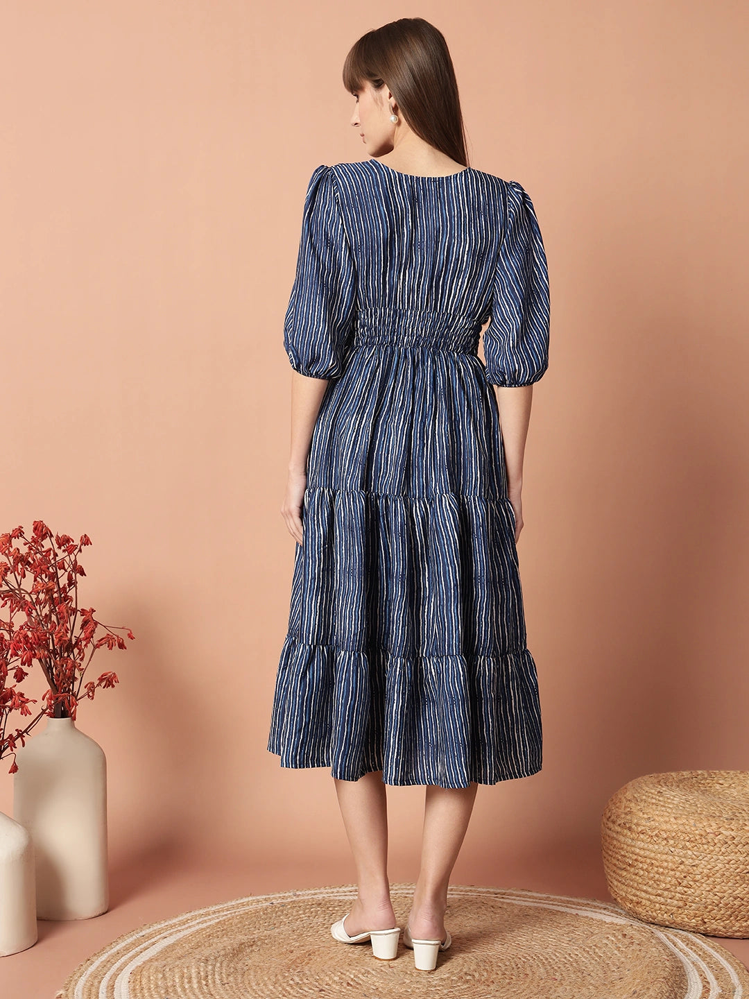 Women's Striped Smocked Waist Tiered Midi Dress with Puff Sleeves
