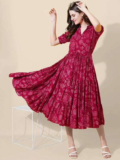 Women's Printed Tiered Midi Dress with Drawstring Waist & Puff Sleeves