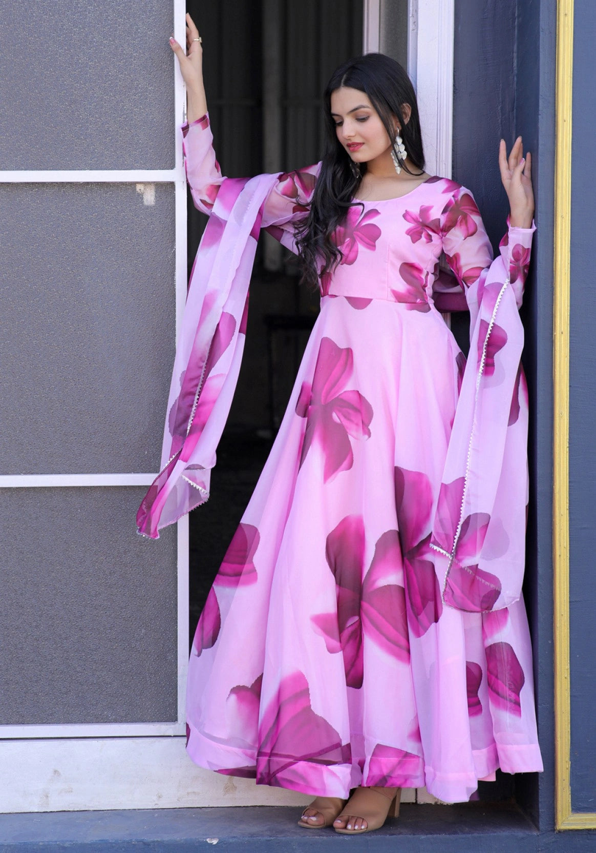 Women's Floral Printed Anarkali Maxi Dress with Dupatta