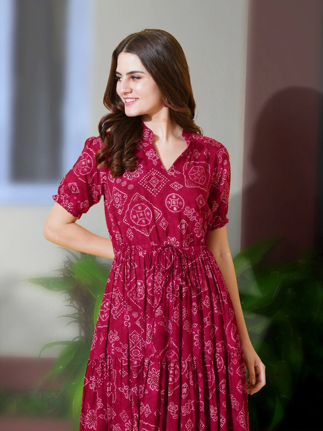 Women's Printed Tiered Midi Dress with Drawstring Waist & Puff Sleeves