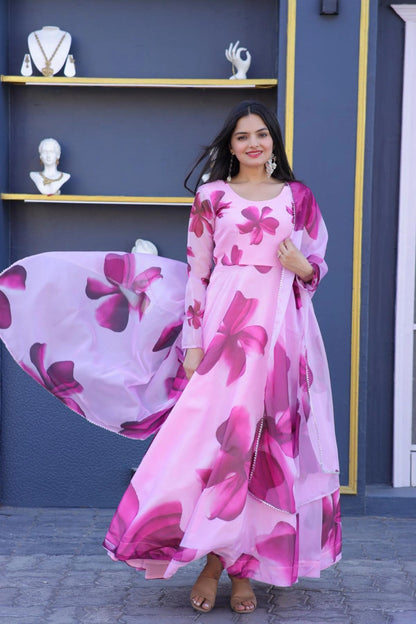 Women's Floral Printed Anarkali Maxi Dress with Dupatta