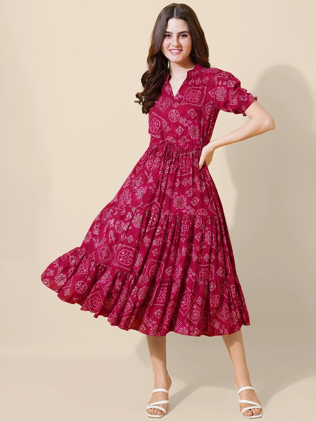 Women's Printed Tiered Midi Dress with Drawstring Waist & Puff Sleeves