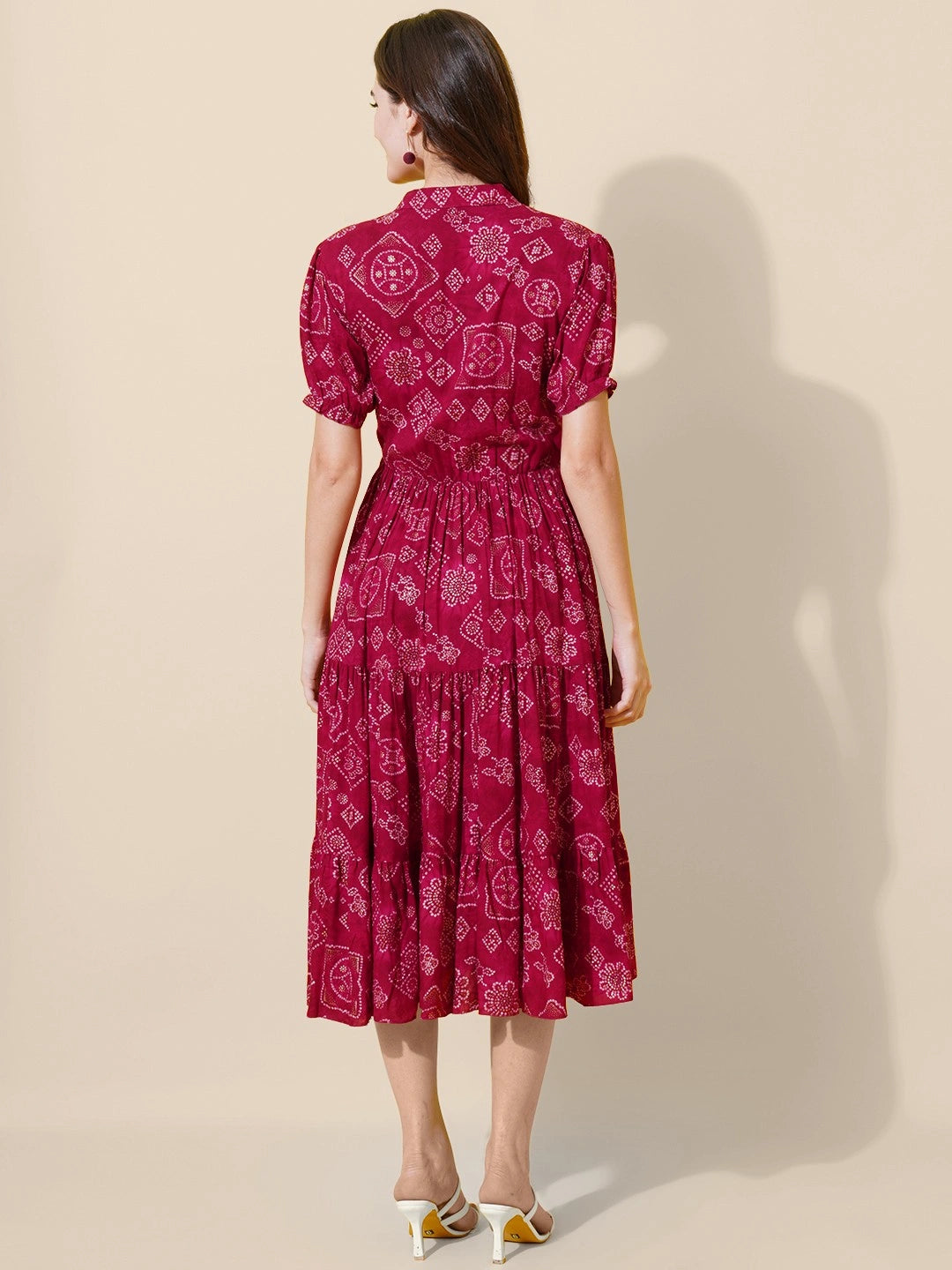 Women's Printed Tiered Midi Dress with Drawstring Waist & Puff Sleeves