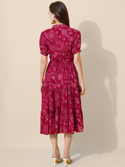 Women's Printed Tiered Midi Dress with Drawstring Waist & Puff Sleeves