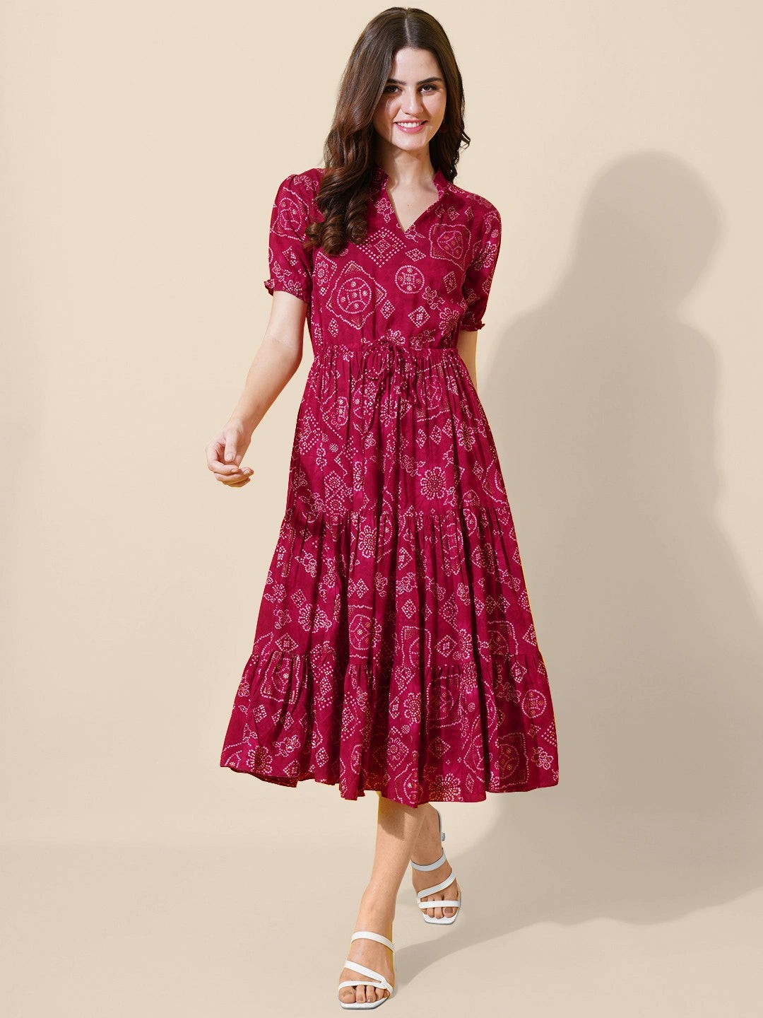 Women's Printed Tiered Midi Dress with Drawstring Waist & Puff Sleeves