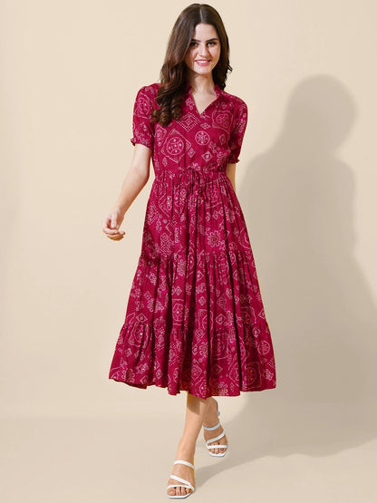 Women's Printed Tiered Midi Dress with Drawstring Waist & Puff Sleeves