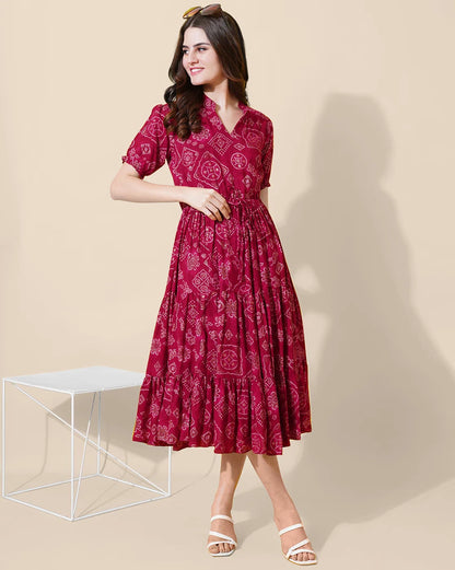 Women's Printed Tiered Midi Dress with Drawstring Waist & Puff Sleeves