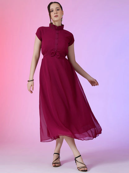 Women's Elegant Mandarin Collar Chiffon Maxi Dress with Waist Bow