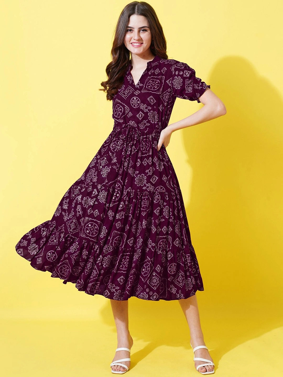 Women's Printed Tiered Midi Dress with Drawstring Waist & Puff Sleeves