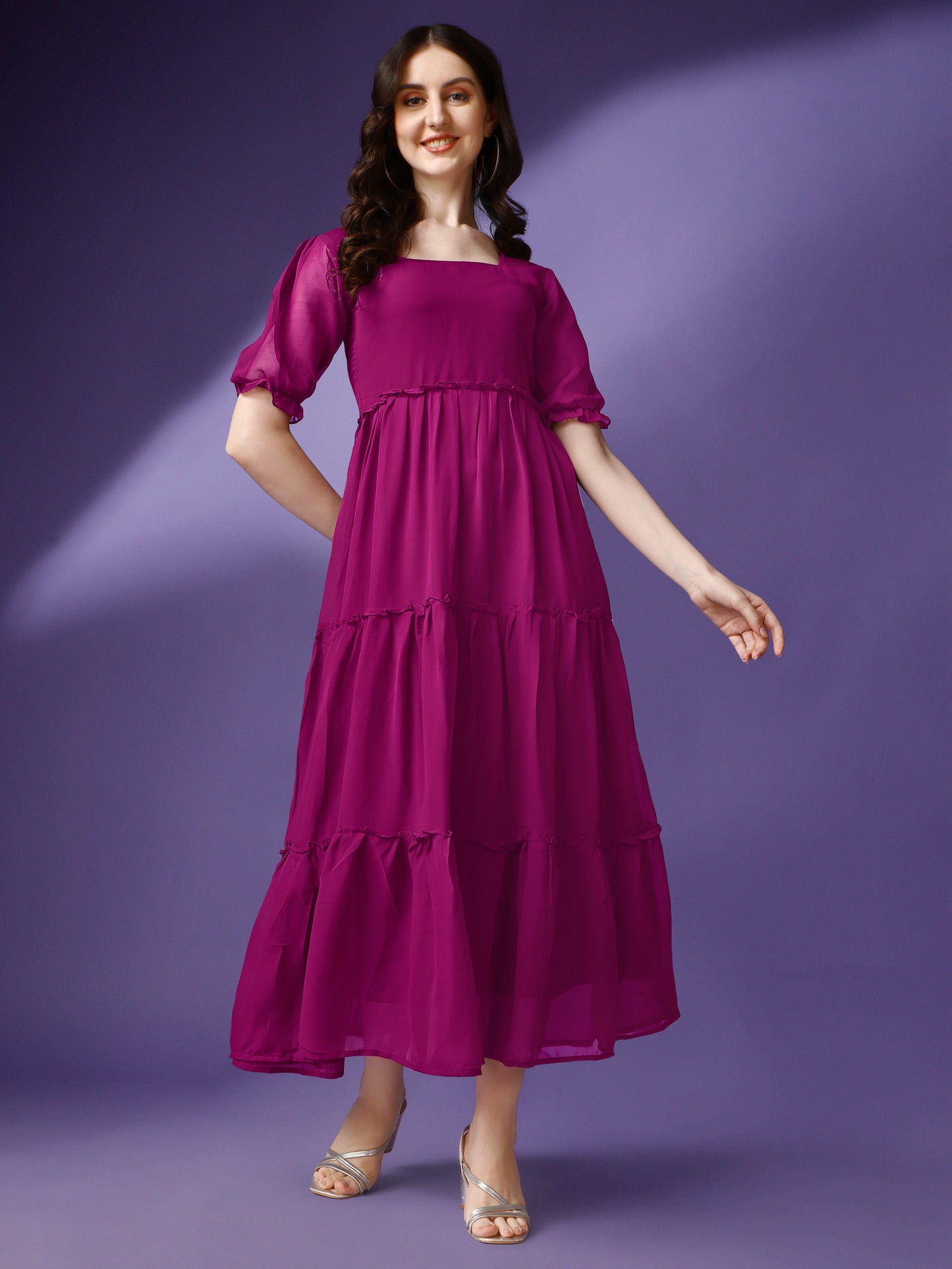 Women's Tiered Square Neck Maxi Dress with Puff Sleeves