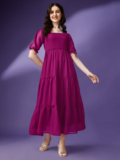 Women's Tiered Square Neck Maxi Dress with Puff Sleeves