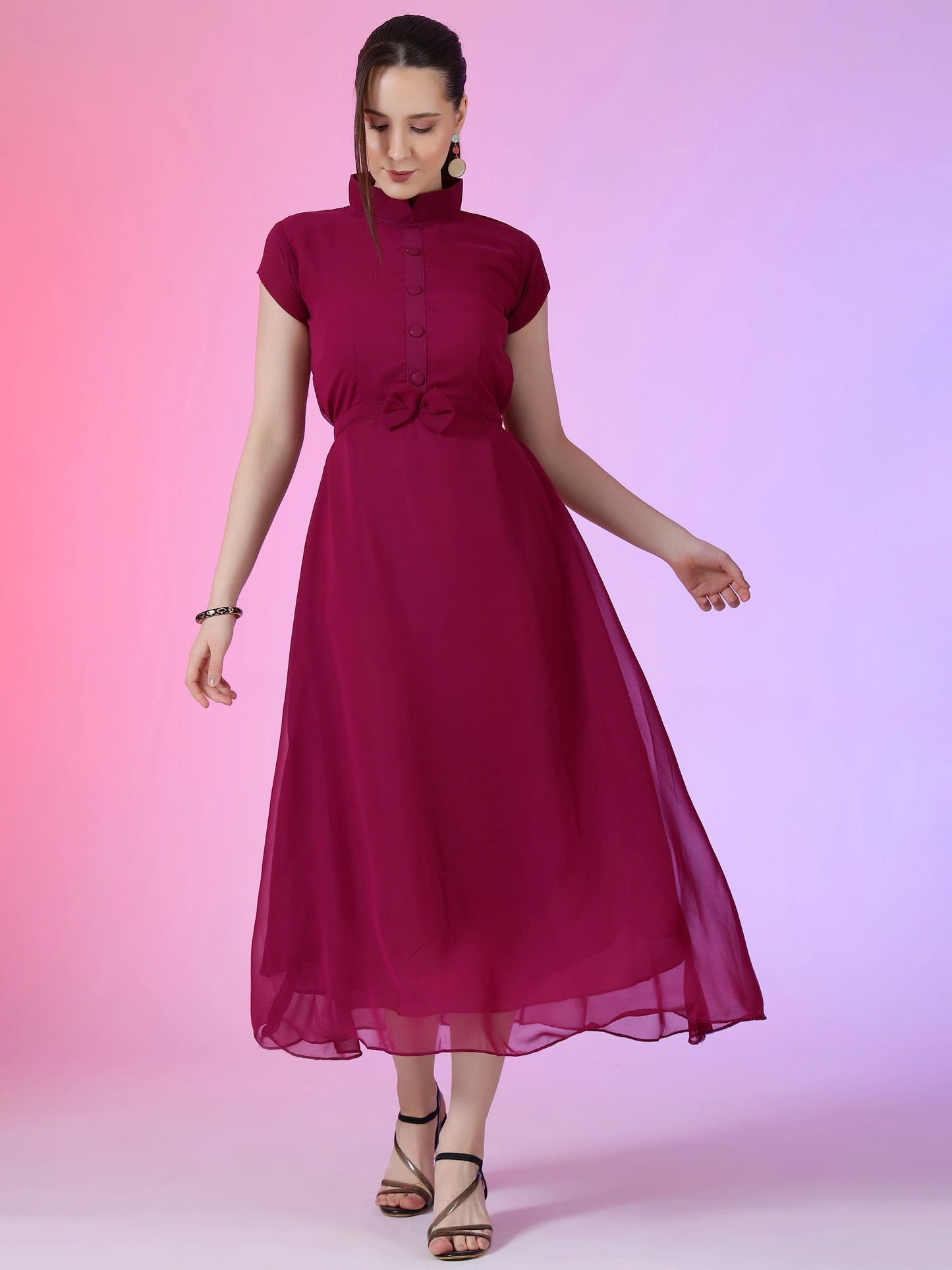 Women's Elegant Mandarin Collar Chiffon Maxi Dress with Waist Bow