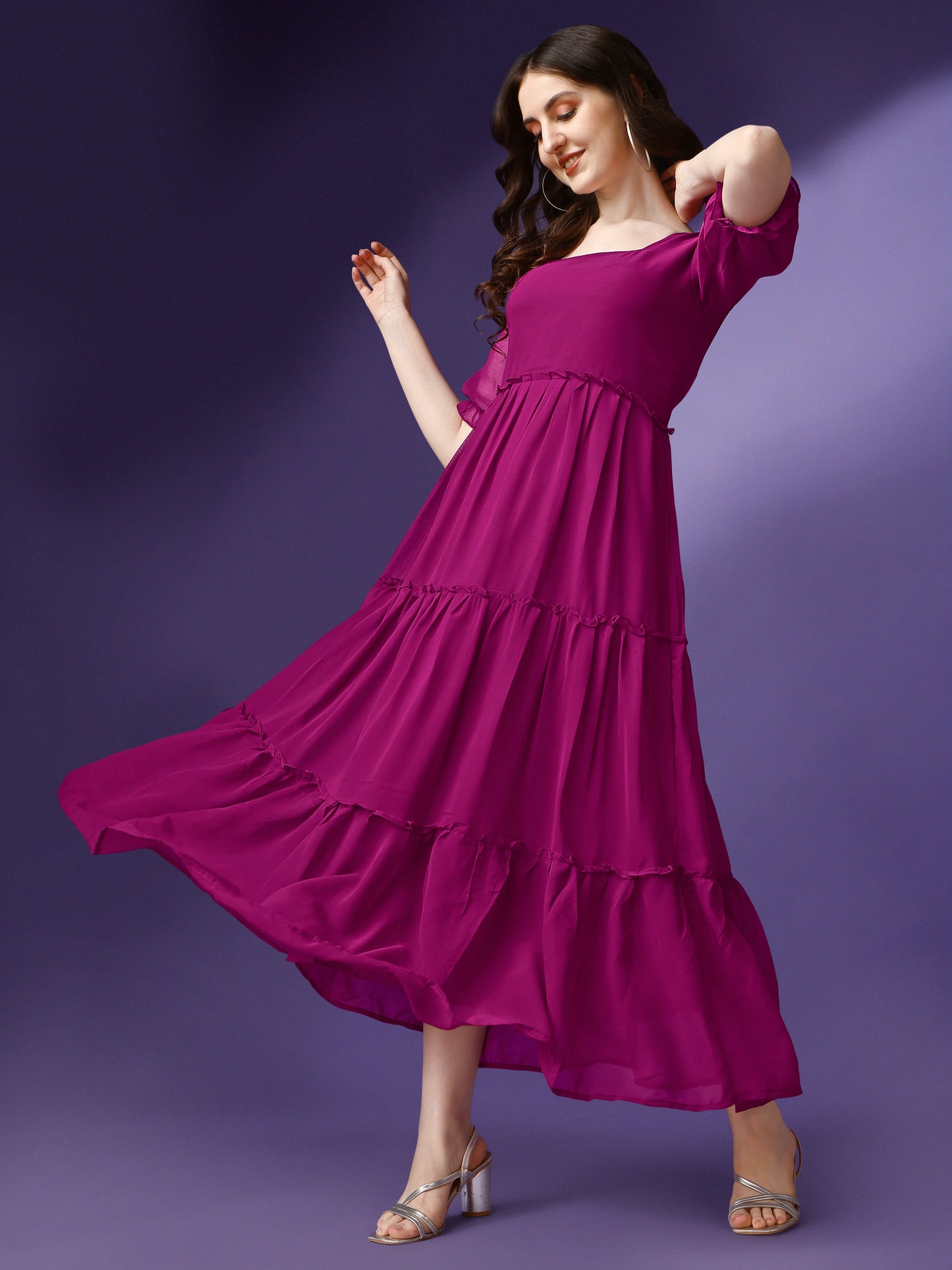 Women's Tiered Square Neck Maxi Dress with Puff Sleeves