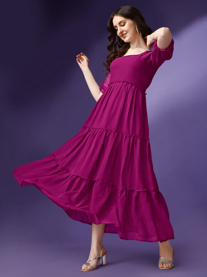 Women's Tiered Square Neck Maxi Dress with Puff Sleeves