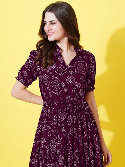 Women's Printed Tiered Midi Dress with Drawstring Waist & Puff Sleeves