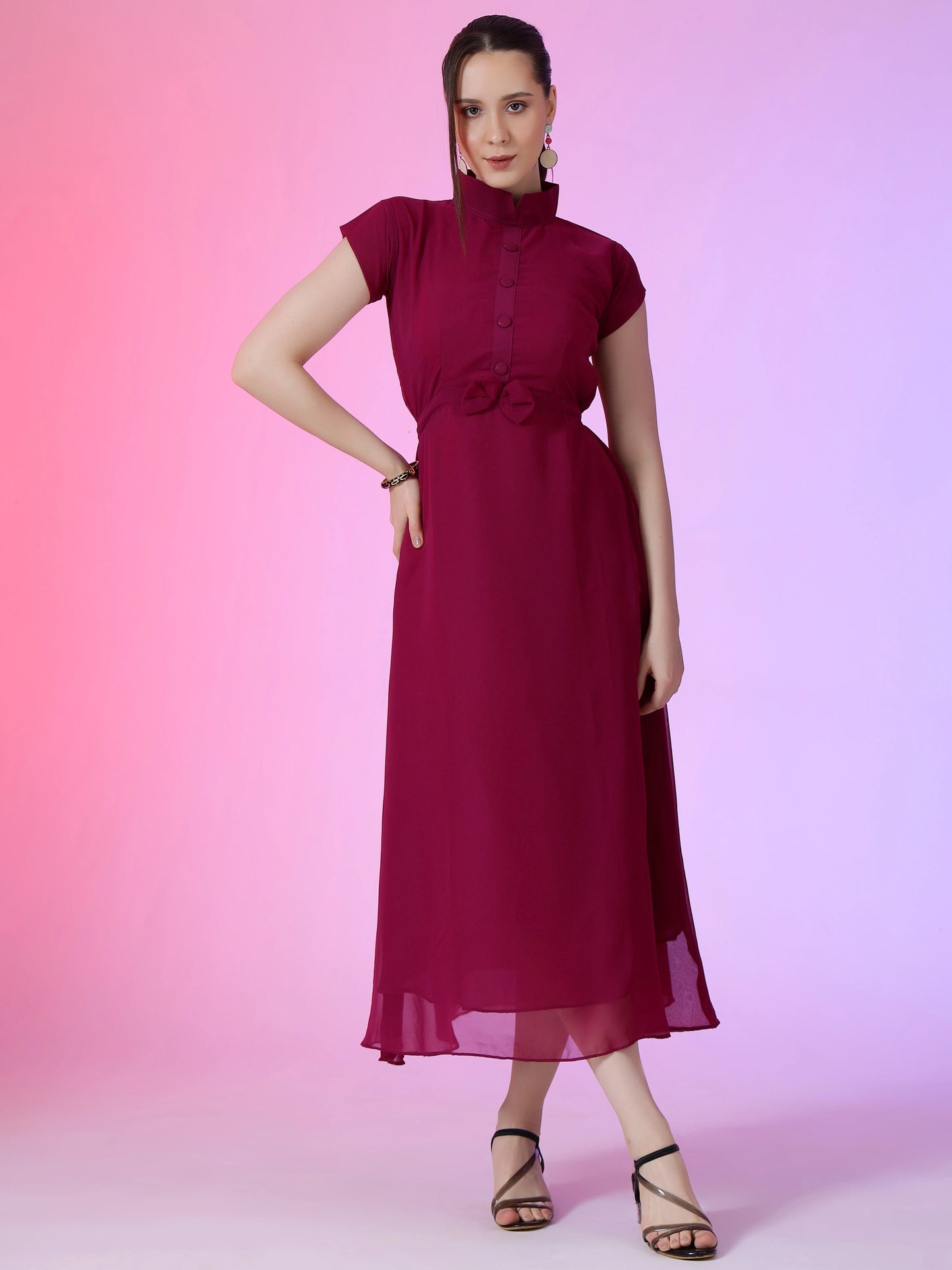 Women's Elegant Mandarin Collar Chiffon Maxi Dress with Waist Bow