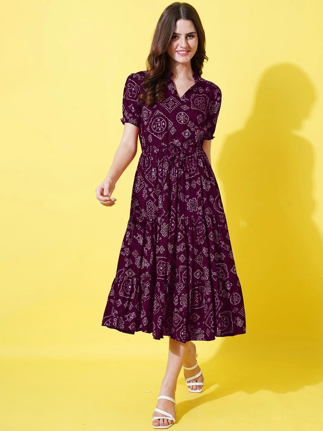 Women's Printed Tiered Midi Dress with Drawstring Waist & Puff Sleeves