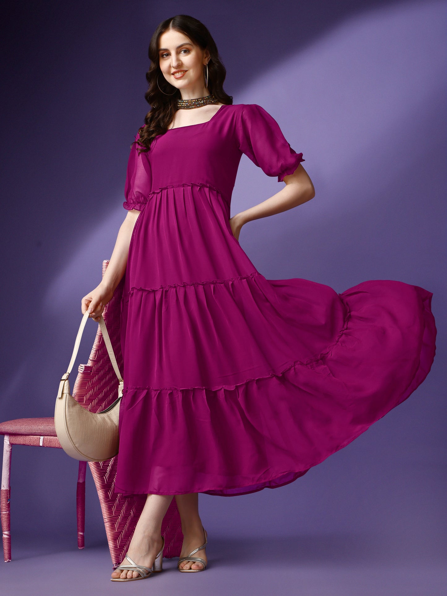 Women's Tiered Square Neck Maxi Dress with Puff Sleeves