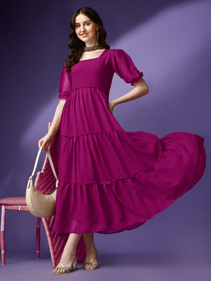 Women's Tiered Square Neck Maxi Dress with Puff Sleeves