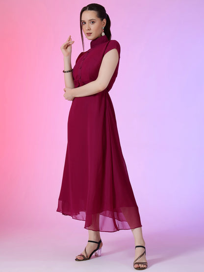 Women's Elegant Mandarin Collar Chiffon Maxi Dress with Waist Bow
