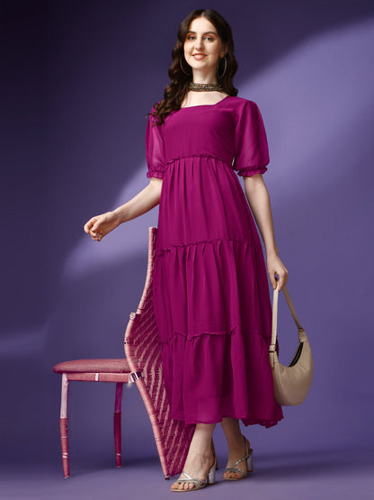 Women's Tiered Square Neck Maxi Dress with Puff Sleeves