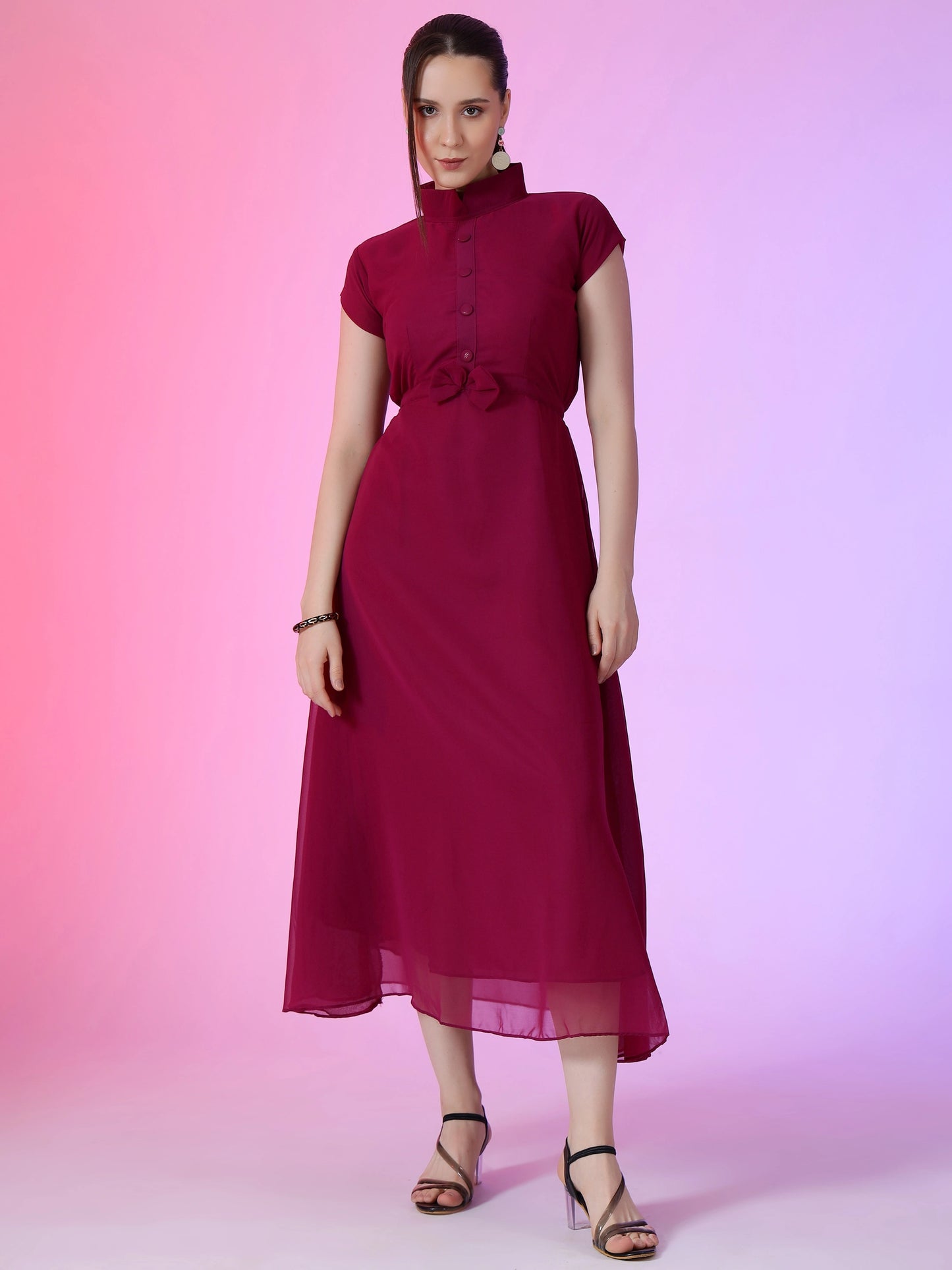 Women's Elegant Mandarin Collar Chiffon Maxi Dress with Waist Bow