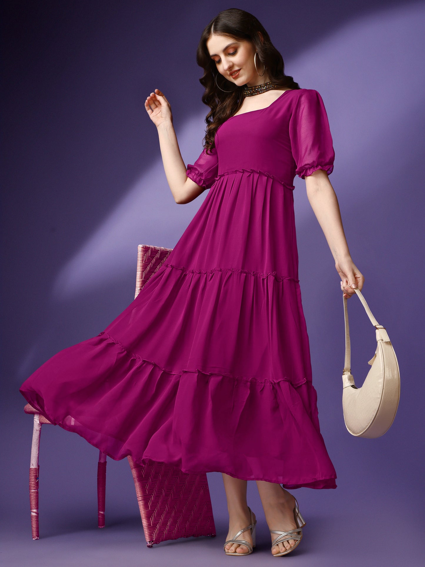 Women's Tiered Square Neck Maxi Dress with Puff Sleeves