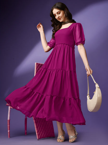 Women's Tiered Square Neck Maxi Dress with Puff Sleeves