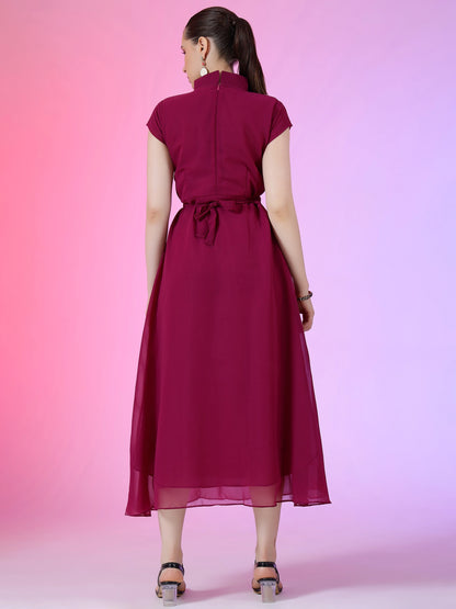 Women's Elegant Mandarin Collar Chiffon Maxi Dress with Waist Bow