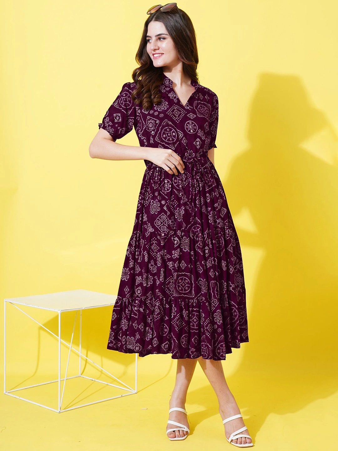 Women's Printed Tiered Midi Dress with Drawstring Waist & Puff Sleeves