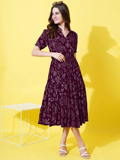 Women's Printed Tiered Midi Dress with Drawstring Waist & Puff Sleeves